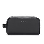 Trousse de toilette noire en cuire synthétique pour homme et femme avec grande ouverture