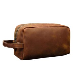 trousse de toilette pour homme en cuir brun pratique avec poignée