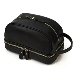 trousse de toillette pour homme cuir noir avec compatiments et fermeture éclaire robuste