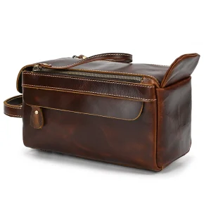 Trousse de toilette pour homme cuir avec grande ouverture avec une poignée et compartiments