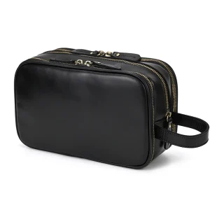 Trousse de toilette pour homme en cuir noir grand format