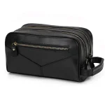 Trousse de toilette de luxe pour homme en cuir lisse noir avec deux compartiments et une poignée