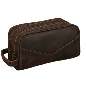 trousse de toilette pour homme en cuir brun foncé avec poignée de transport grande capacité de rangement.